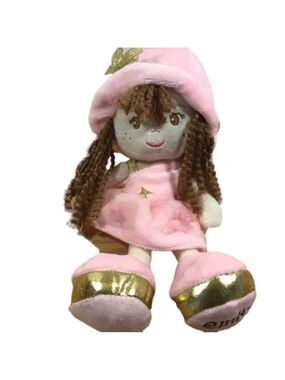 DOLL Emily little doll brown long hair pink gold dress travel friend toy